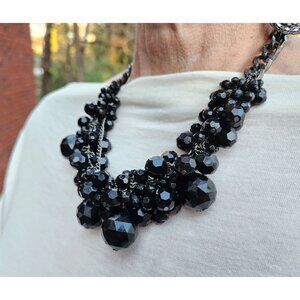 Cluster Necklace in Faceted Black Beads Chunky Layered Statement